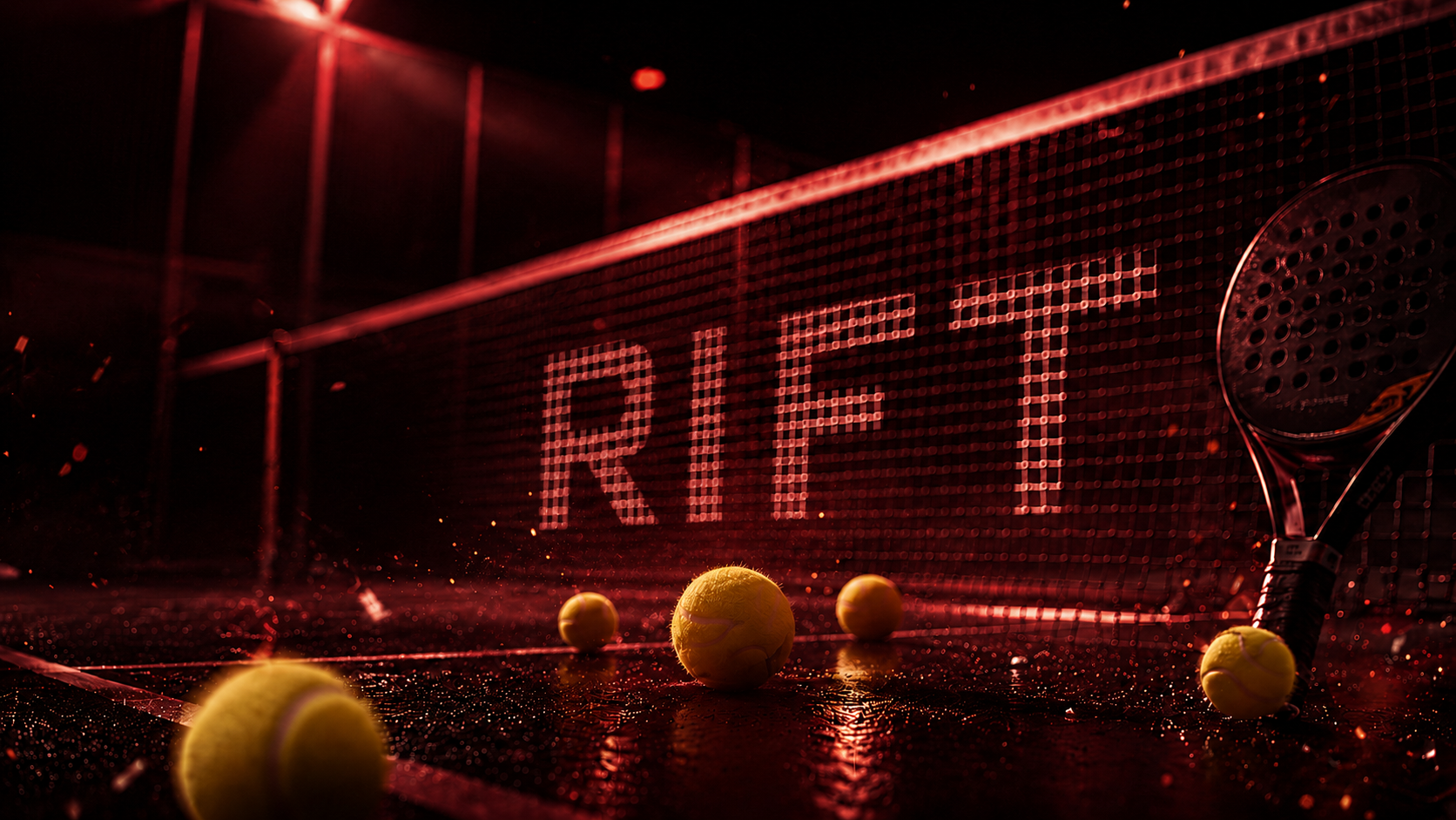 Rift padel court at night — RIFT branding on the net with cinematic red lighting