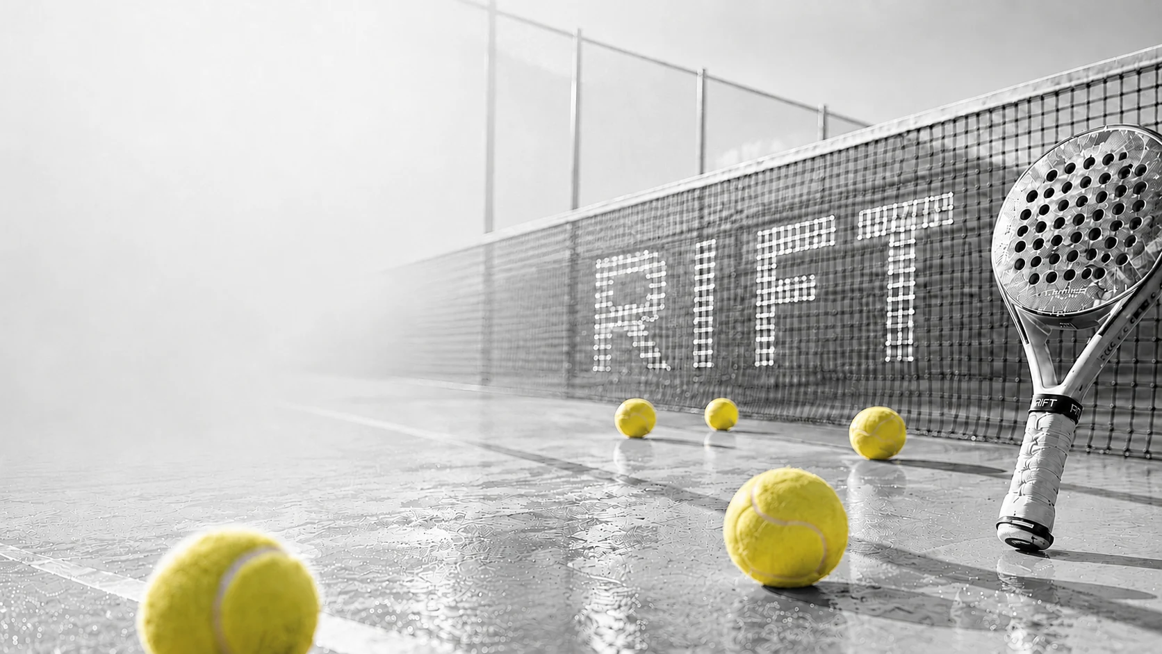 Rift padel brand illustration with racket, balls and court
